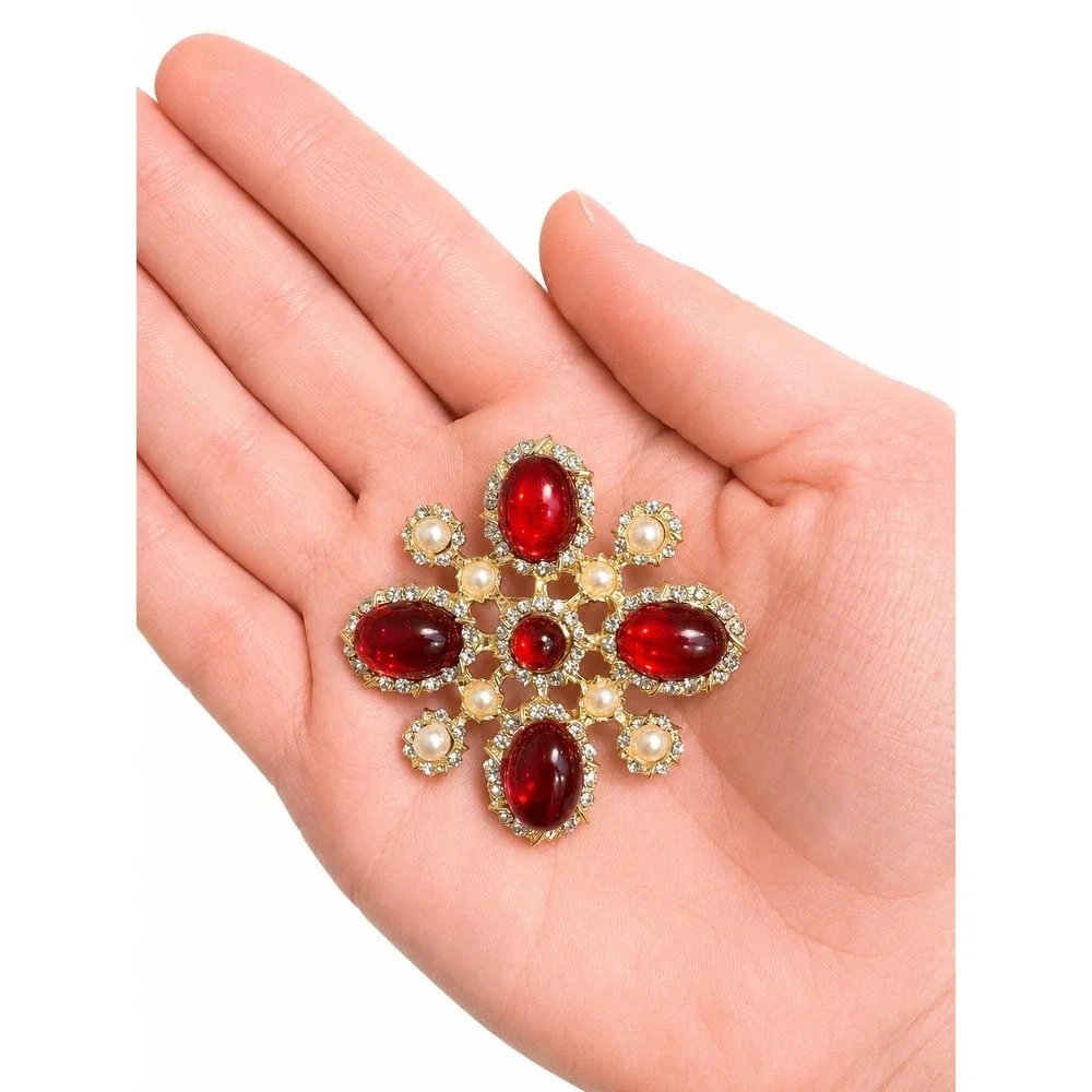Red Cabochon Rhinestone Faux Pearl Brooch Gold Tone Snowflake Floral Pin